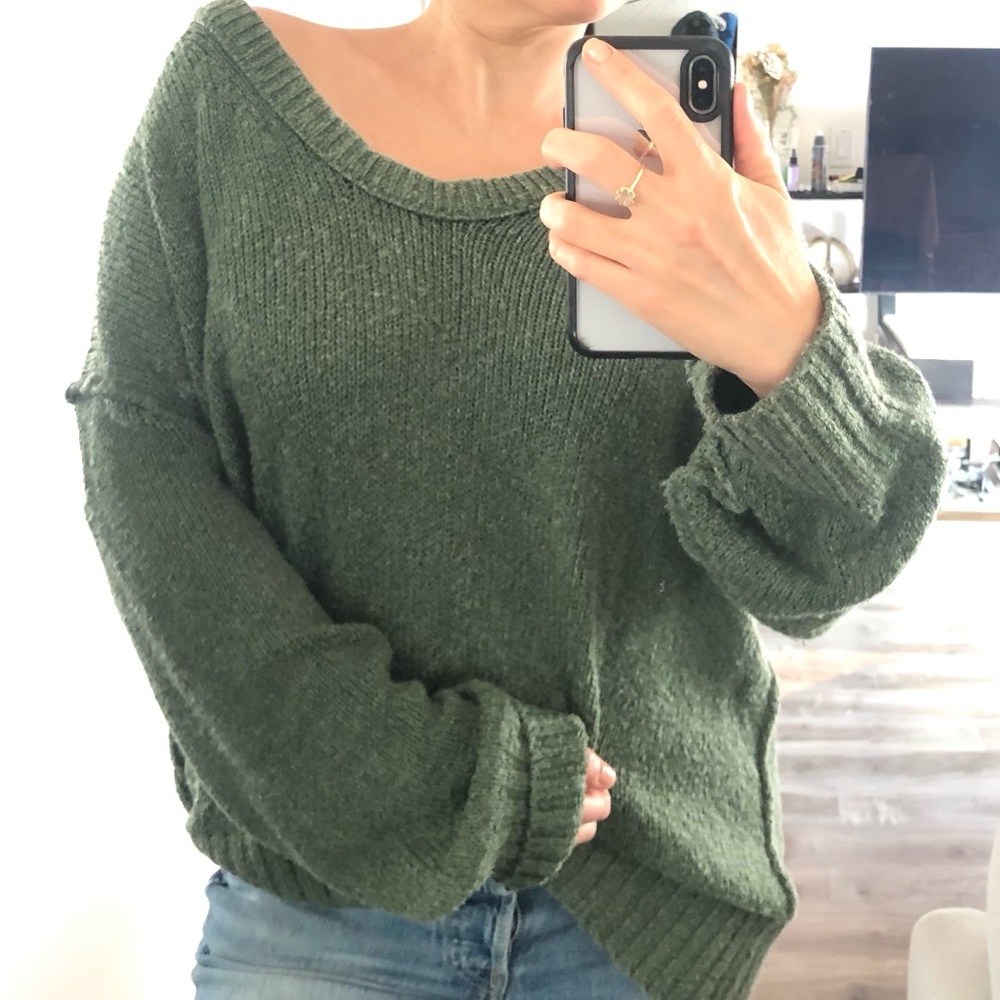 Free People Sage Green Sweater Oversize Off Shoulder OSFM Fuzzy Knit